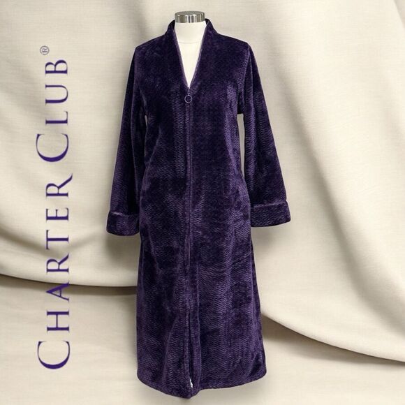 Charter Club Women’s Plush Zig Zag Zipper Robe in the Size Large in Deep Purple - Picture 1 of 16